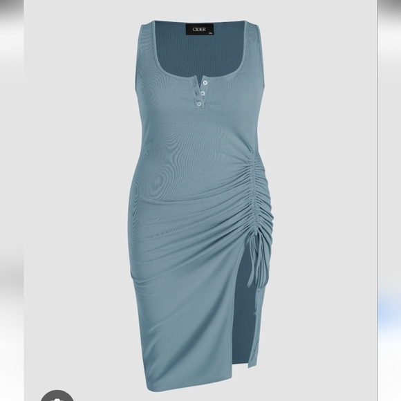 Cider Blue Ruched Midi Dress Rib Button Drawstring Curvy Large - Picture 6 of 7